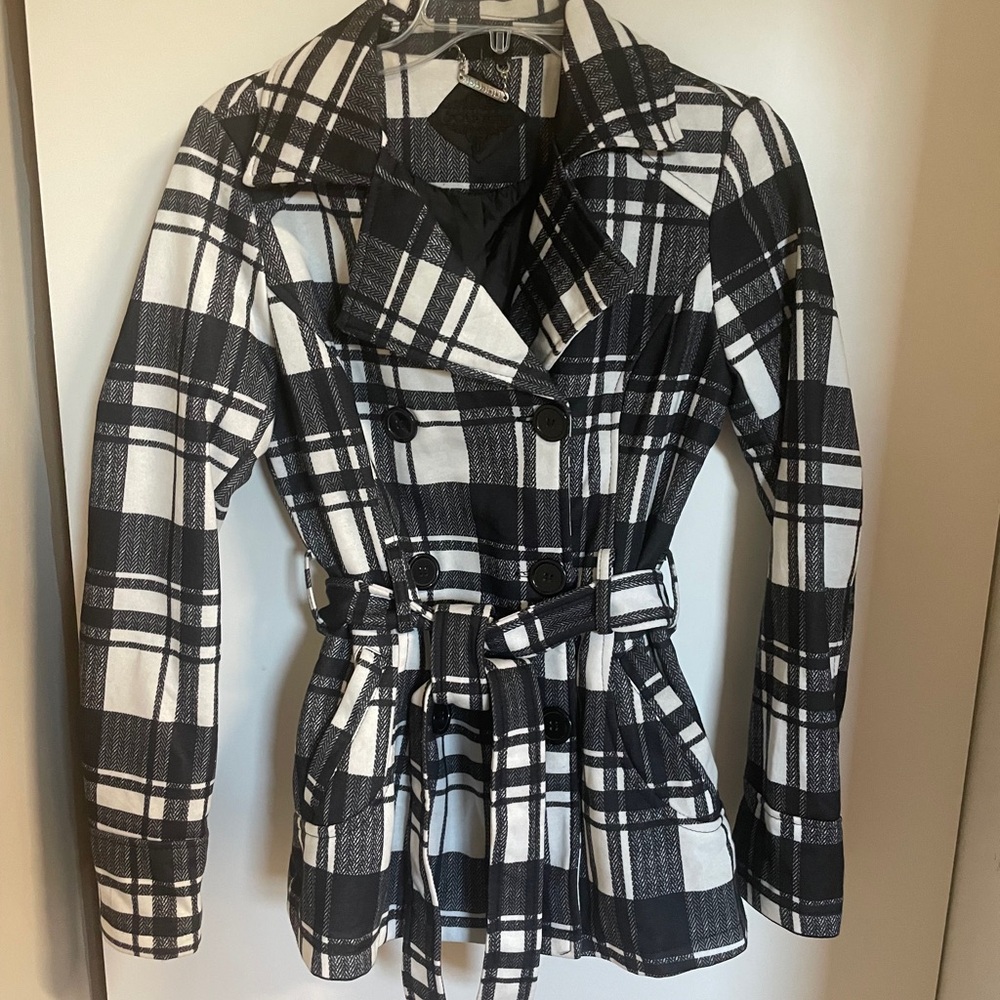 Jou Jou Black and White Plaid Trench Coat